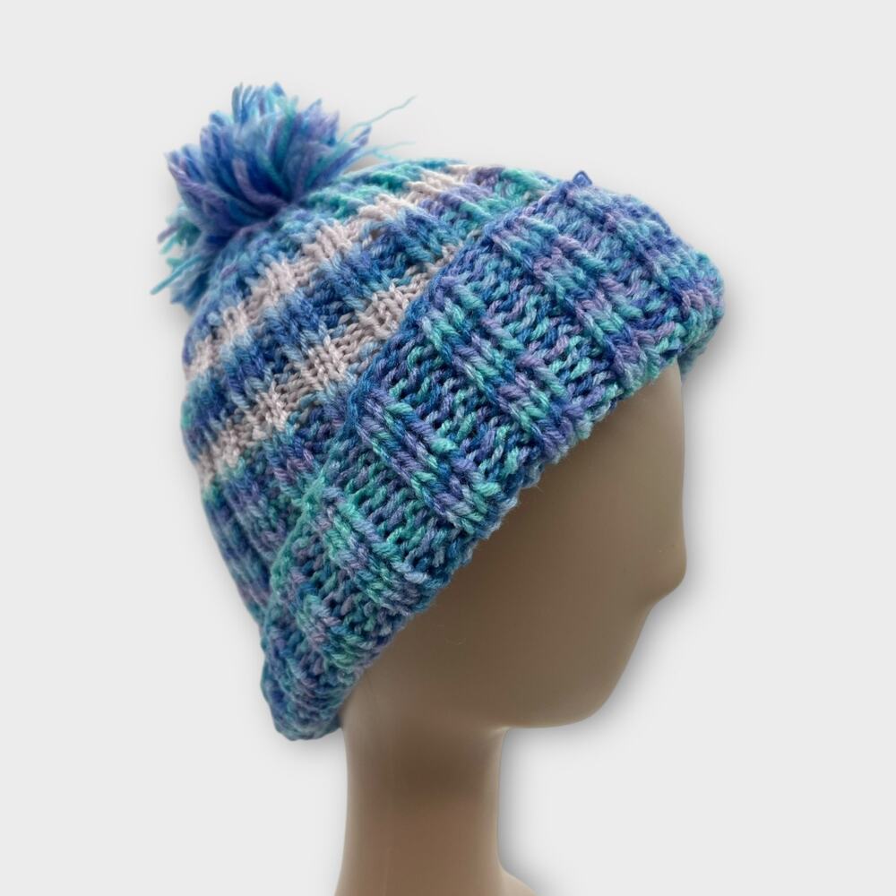 Knit Woven Chunky Blue Purple White Beanie Knit‎ Pom Pom Hat Boho Outdoors XS/S